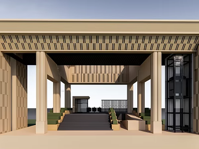 Modern Entrance Gate Featuring Perforated Wooden Canopy Columns Stone Steps Green Seating And Glass Elevator 3d model