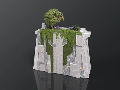 Decorative Stone Structure Covered With Green Plants Vines And Tree On Top 3d model