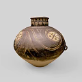 Traditional Ceramic Vessel With Black Beige Color Geometric Patterns And Double Handles