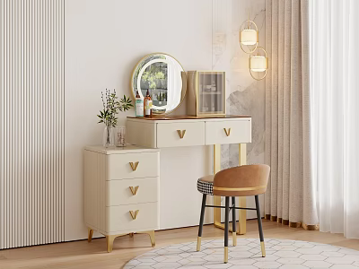 Elegant Vanity Table with Round Mirror Gold Drawers Decorative Pendant Lights and Brown Stool 3d model
