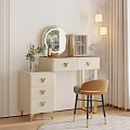 Elegant Vanity Table with Round Mirror Gold Drawers Decorative Pendant Lights and Brown Stool
