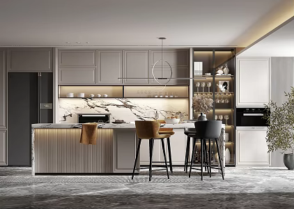 Modern Kitchen Open Home Bar Chair Island Table Chandelier Wine Cabinet 3d model