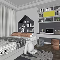 Tatami Bedroom Interior With Checkered Quilt Orange Pillows Desk Bookshelves Yellow Decor And Wooden Floor