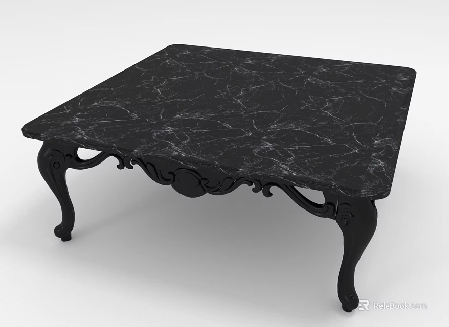 Square Coffee Table With Black Marble Tabletop And Carved Black Legs 3d model 