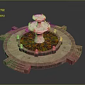 Architectural Tiered Fountain Structure With Circular Base Colorful Mosaic Floor Surrounding Steps And Decorative Lights