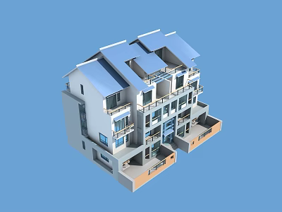 Semi Detached Villa Exterior Design With Blue Roof Balconies And Modern Style 3d model