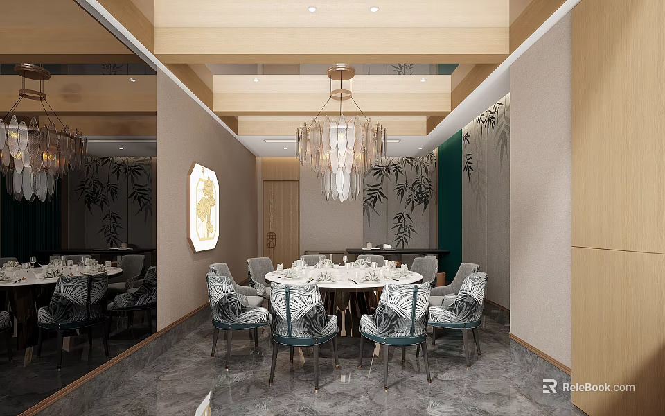 Modern Private Dining Box Interior With Round Table Crystal Chandelier And Patterned Chairs 3d model