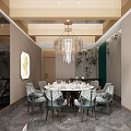 Modern Private Dining Box Interior With Round Table Crystal Chandelier And Patterned Chairs 3d model
