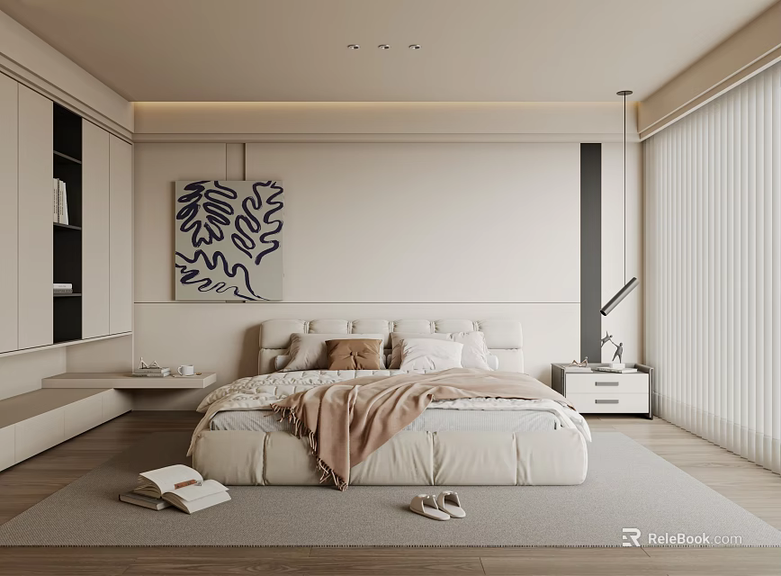 Elegant Modern Bedroom Interior With Large Bed Blanket Decorative Painting Wardrobe And Natural Light 3d model 