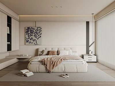 Elegant Modern Bedroom Interior With Large Bed Blanket Decorative Painting Wardrobe And Natural Light 3d model