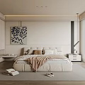 Elegant Modern Bedroom Interior With Large Bed Blanket Decorative Painting Wardrobe And Natural Light