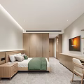 Hotel Room Interior with Twin Beds Green Pillows Wooden Wardrobes Bedside Tables and Window Curtains