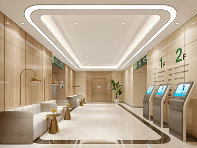 Modern Lobby Interior Design With Waiting Area Self Service Kiosks And Wooden Walls 3d model