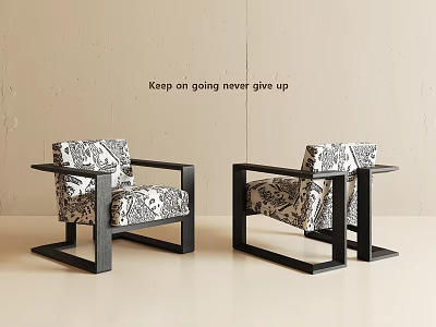 Two Modern Leisure Chairs With Black Frame And Black White Patterned Fabric 3d model