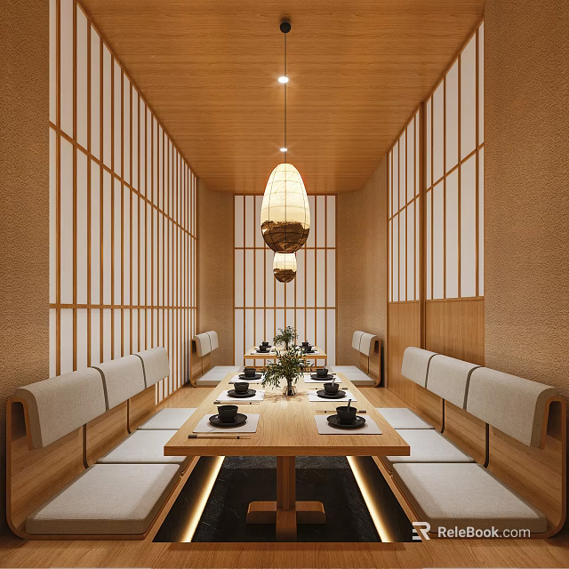 Japanese Style Private Room Interior With Long Wooden Table Bench Seating And Hanging Lamp 3d model 