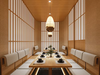 Japanese Style Private Room Interior With Long Wooden Table Bench Seating And Hanging Lamp 3d model