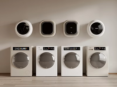 Four White Front Loading Washing Machines With Wall Mounted Dryers In Laundry Room 3d model