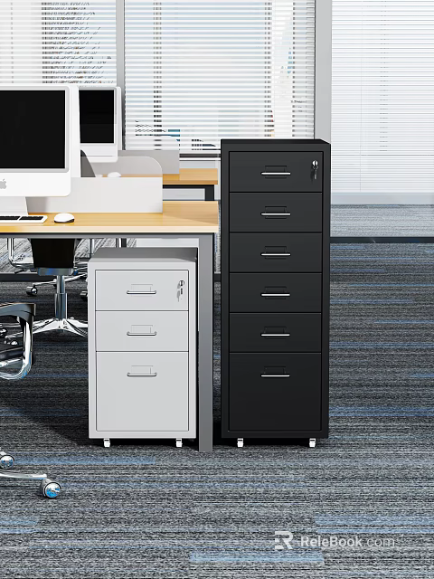 Office Filing Cabinets In White And Black For Workspace Storage Solutions With Computer Desk 3d model 