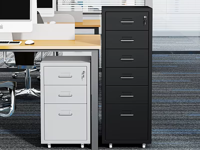 Office Filing Cabinets In White And Black For Workspace Storage Solutions With Computer Desk 3d model