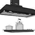 Kitchen Appliances Setup With Black Range Hood And Stainless Steel Kettle Pot On Stove Top