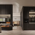 Modern Bedroom Interior with Beige Upholstered Headboard Herringbone Wood Flooring Black TV Wall and Fireplace