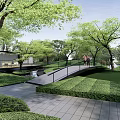 Tranquil Park Landscape With Green Trees Stone Pathways Water Ponds Seating Areas And People Walking