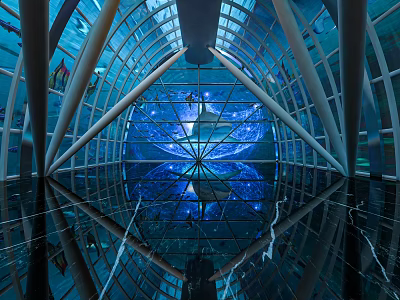 Amusement Park Indoor Attraction With Glass Dome Blue Lighting Reflective Floor And Geometric Frame Design 3d model