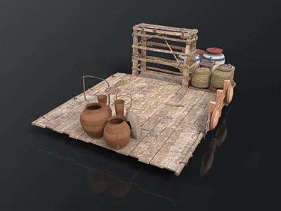 Rustic Wooden Platform Scene With Clay Pots Barrels And Wooden Rack 3d model