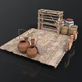 Rustic Wooden Platform Scene With Clay Pots Barrels And Wooden Rack