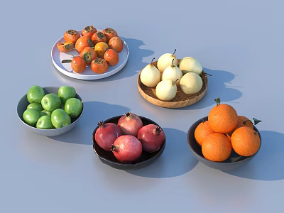 Assorted Fresh Fruits on Plates Bowls with Cherry Tomatoes Pears Green Apples Pomegranates and Oranges 3d model