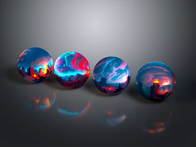 Colorful Spherical Decorative Ornament Set With Night Scene Reflections And Glossy Surfaces 3d model