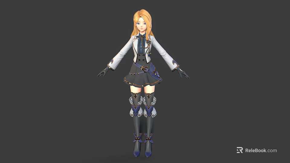 3D Anime Character With Blonde Hair White Black Coat Short Skirt And Decorative Boots 3d model 