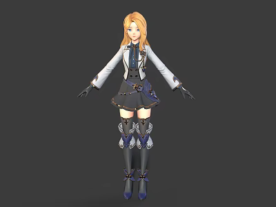 3D Anime Character With Blonde Hair White Black Coat Short Skirt And Decorative Boots 3d model