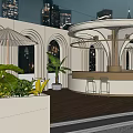 Modern Restaurant Terrace With City Night View Green Plants And Bar Seating