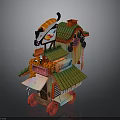 Colorful Street Vendor Cart With Green Roof Red Wheels And Cartoon Cat Decoration