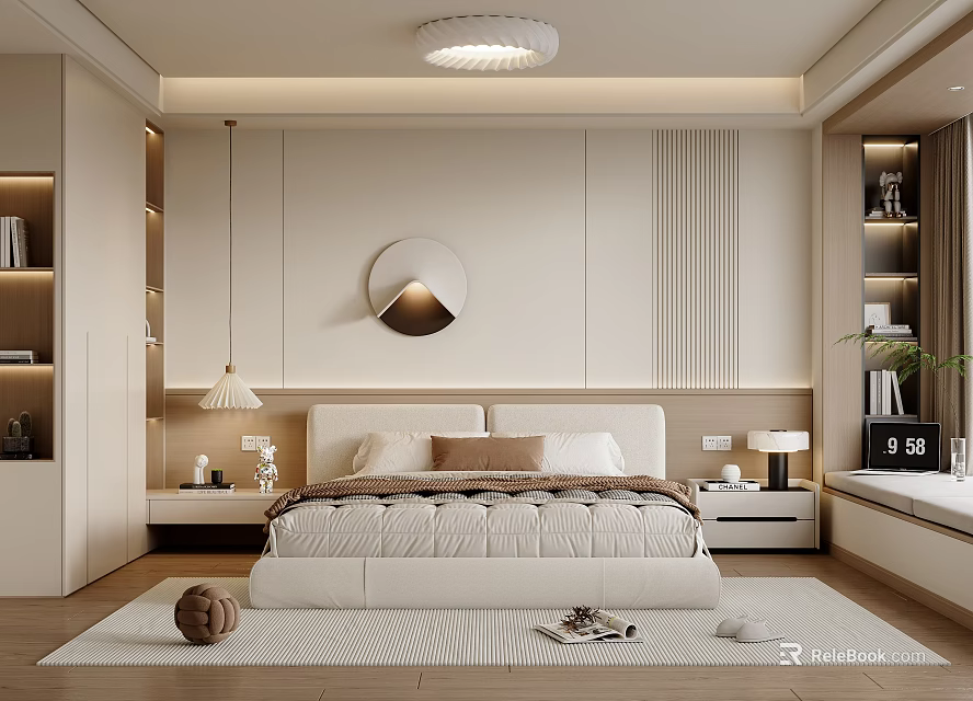 Modern Minimalist Bedroom Interior Design With Circular Mirror Bedside Tables Lamps And Soft Rug 3d model 