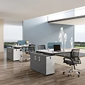 Modern Office Desk With Black Chair Wooden Floor And Large Windows