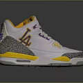 White Basketball Shoes With Yellow Purple Accents LA Logo And Elephant Print Design