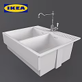 White Double Basin Kitchen Sink With Chrome Faucet Central Drain And Smooth Surface