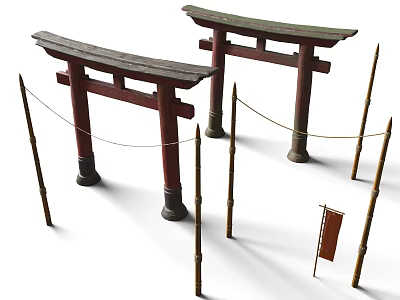 Traditional Japanese Garden Ornaments With Red Torii Gates Bamboo Poles Tied Ropes And Small Sign 3d model