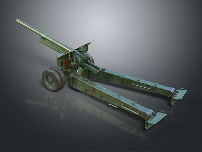 Vintage Green Military Artillery Gun With Long Barrel And Wheel Base 3d model