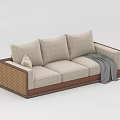 Light Beige Three Seater Sofa Set with Woven Armrests and Gray Throw Blanket 3d model