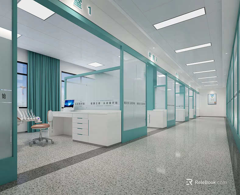 Modern Elevator Corridor With Glass Partitions White Walls Linear Ceiling Lights And Terrazzo Flooring 3d model 
