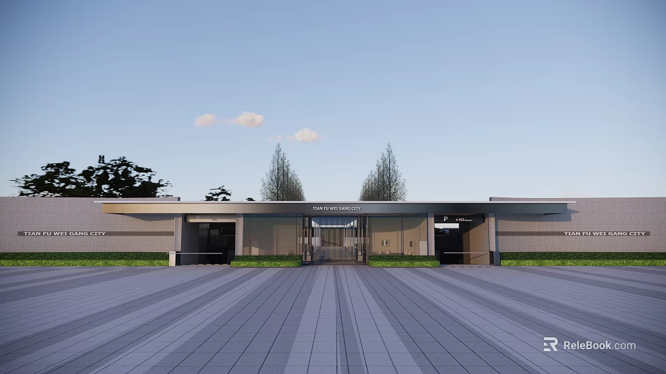 Modern Entrance Gate With Trees And Paved Ground Under Blue Sky With Clouds 3d model