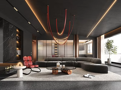 Modern Living Room Interior With Red Chandeliers Gray L Shaped Sofa And Potted Plant 3d model