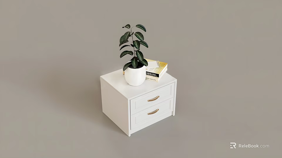 White Nightstand With Two Drawers And Gold Handles Holding Green Plant And Yellow Book 3d model 