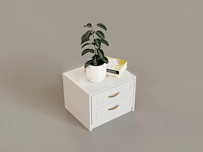 White Nightstand With Two Drawers And Gold Handles Holding Green Plant And Yellow Book 3d model