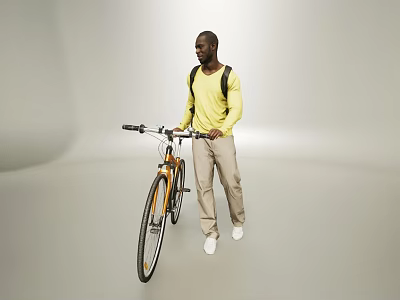 Man In Yellow Shirt And Khaki Pants Pushing Bicycle With Backpack 3d model Man In Yellow Shirt And Khaki Pants Pushing Bicycle With Backpack 3d model