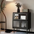 Stylish Dark Decorative Cabinet With Glass Door Vase Flowers Vintage Radio And Magazines