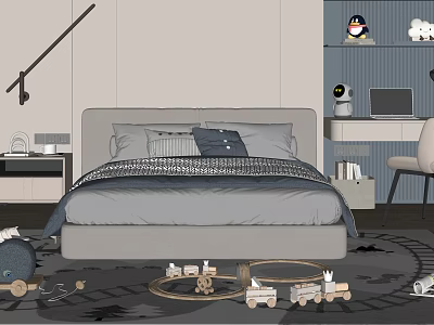Gray Double Bed In Kids Room With Wooden Toy Train And Desk Chair 3d model